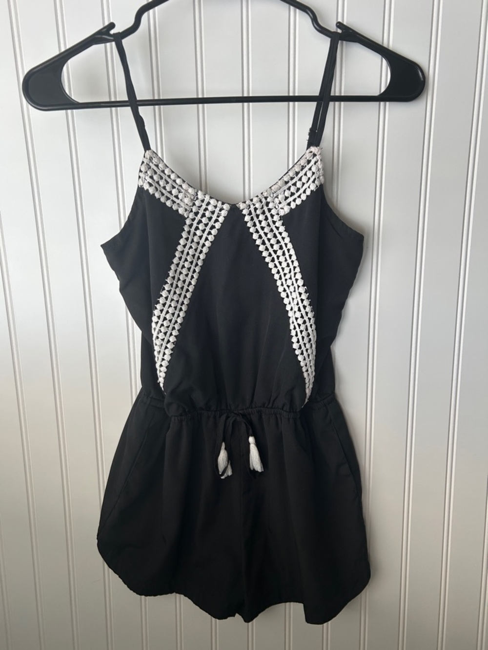 Girls' Black Romper with White Crochet Detail